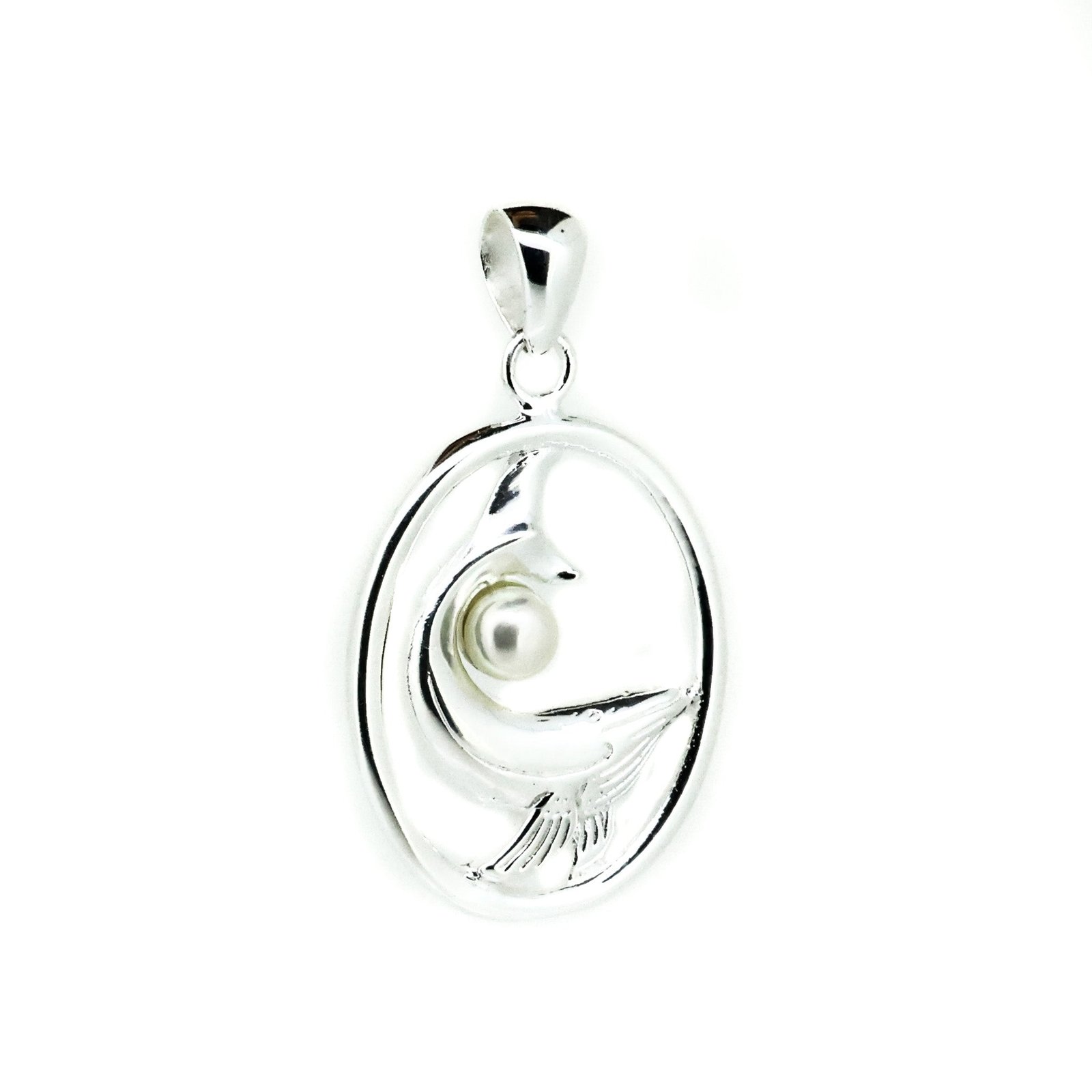 A sterling silver pendant featuring a humpback whale design with a freshwater pearl at the center, attached to a loop for a chain.