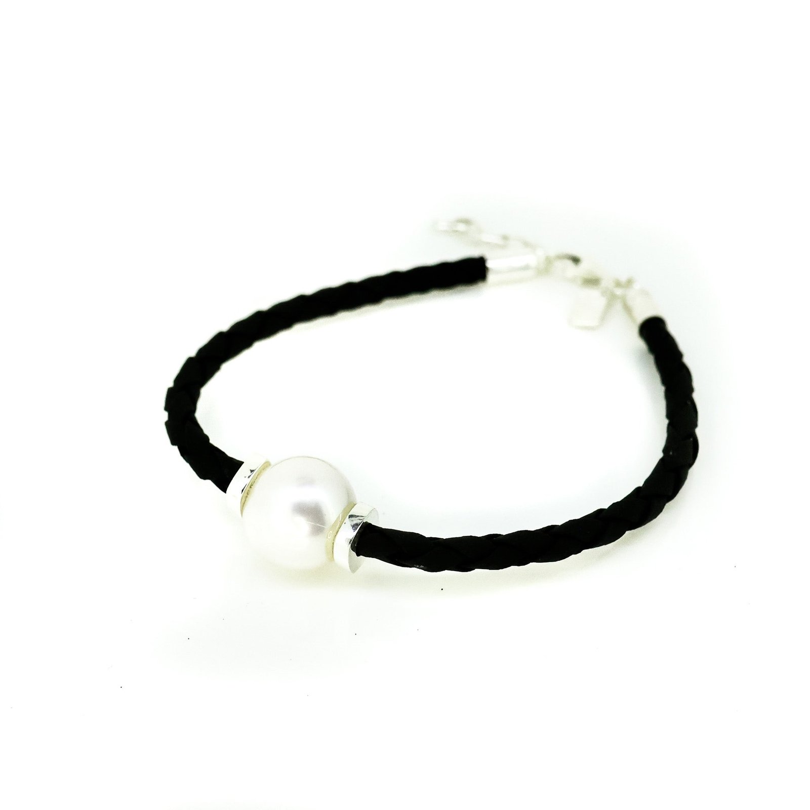 Lara Pearl Silver Detail Black Braid Bracelet featuring a freshwater pearl, sterling silver accents and adjustable black braided cord.