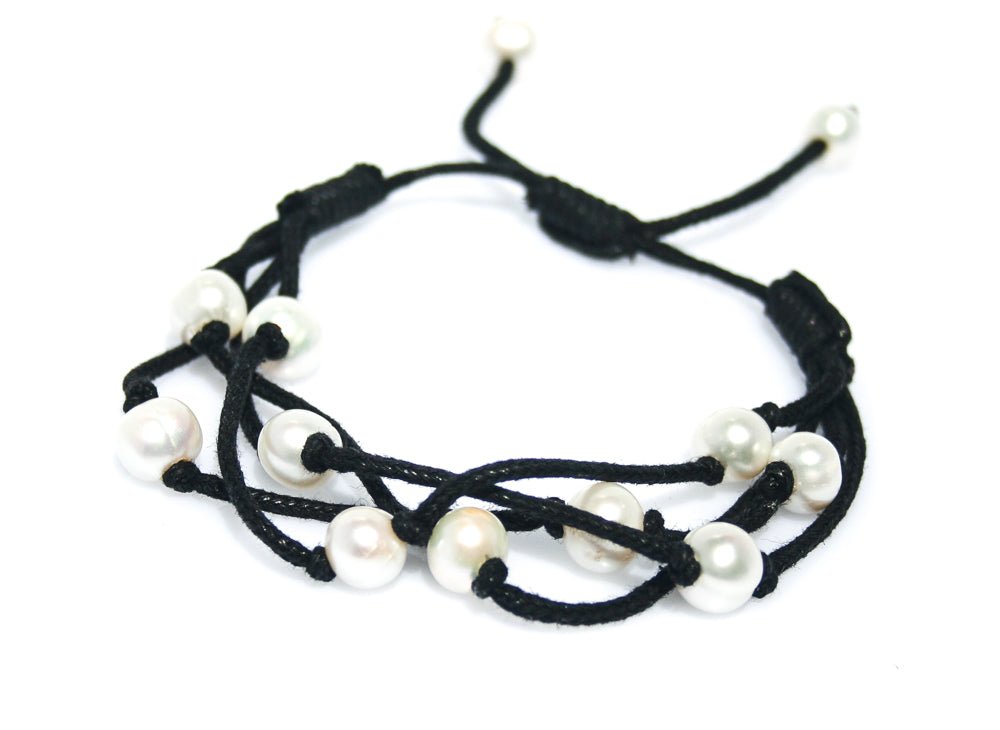 Boho Pearl Bracelet with genuine freshwater pearls on black braided cord