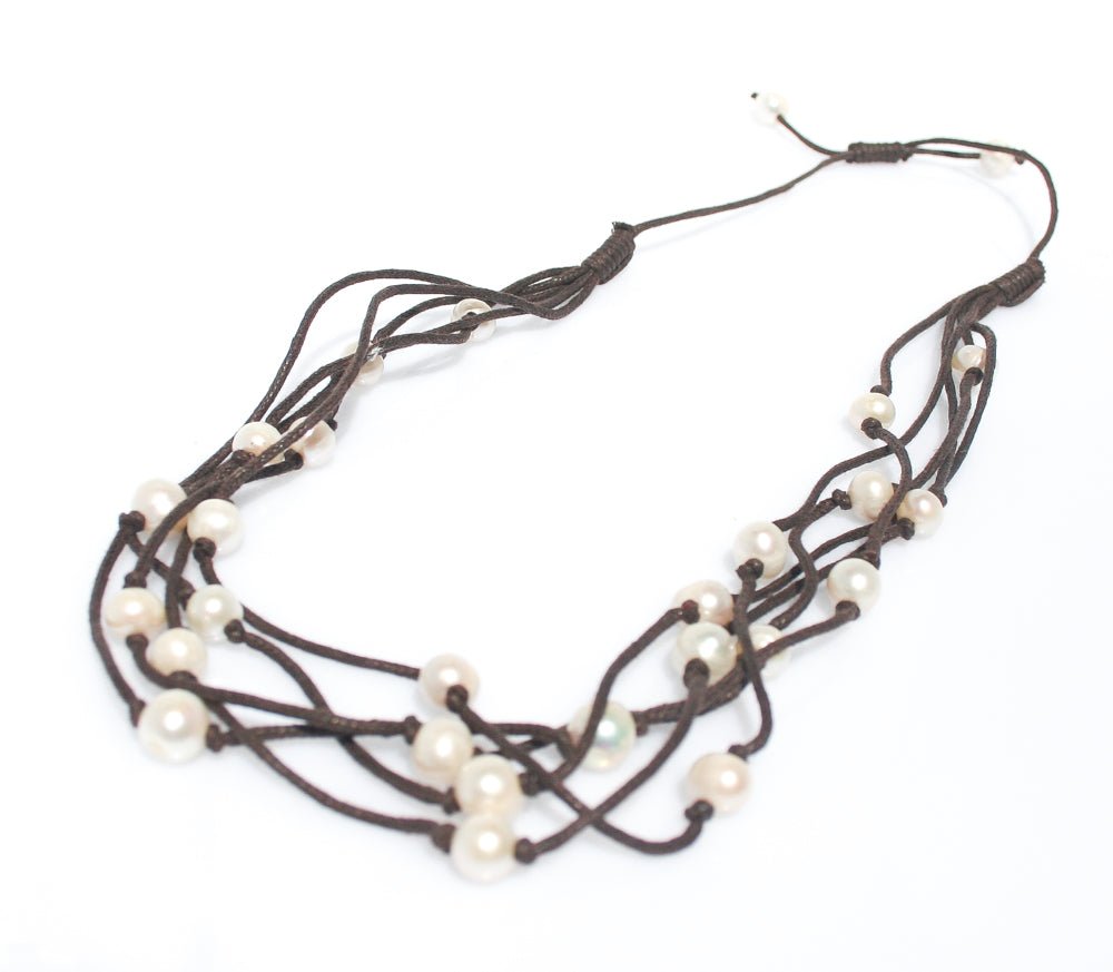 Boho Pearl Necklace with genuine freshwater pearls on brown braided cord